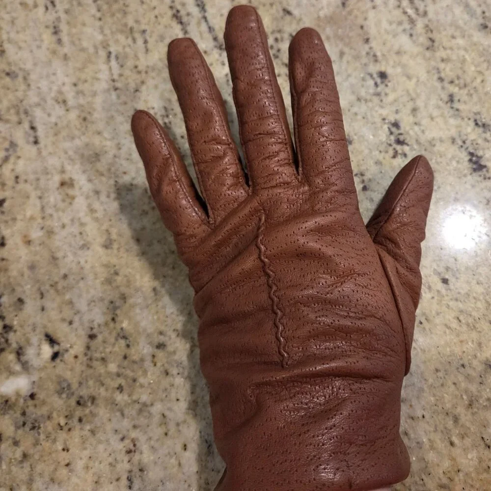 Vintage Womens Size L Brown Leather Knit Lined Gloves Perferated